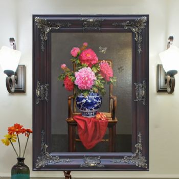 中式客厅玄关装饰画精品油画牡丹青花瓷写实手绘油画