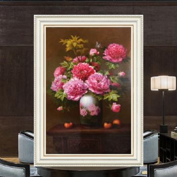 中式客厅玄关装饰画精品油画牡丹青花瓷写实手绘油画