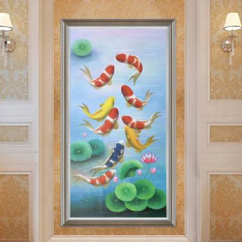 纯手绘手工 九鱼图 荷花 和谐 美满 团团圆圆 中式油画 家庭挂画 客厅挂画