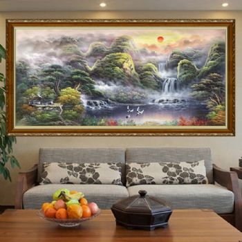 高端聚宝盆油画纯手绘中式山水风景客厅装饰画办公室风水挂画