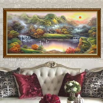 高端聚宝盆油画纯手绘中式山水风景客厅装饰画办公室风水挂画