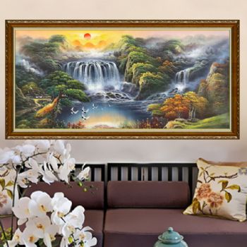 高端聚宝盆油画纯手绘中式山水风景客厅装饰画办公室风水挂画