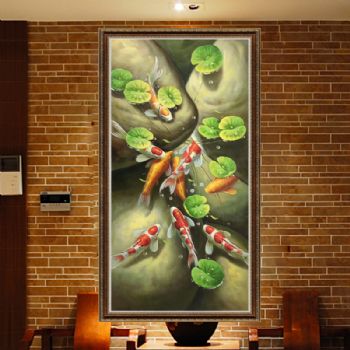 纯手绘手工 九鱼图 荷花 和谐 美满 团团圆圆 中式油画 家庭挂画 酒店挂画C