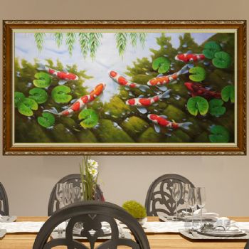 纯手绘手工 九鱼图 荷花 和谐 美满 团团圆圆 中式油画 家庭挂画