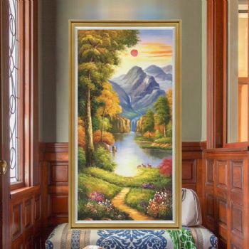 手绘油画山水风景油画客厅玄关装饰画定制油画竖版家庭挂画酒店挂画