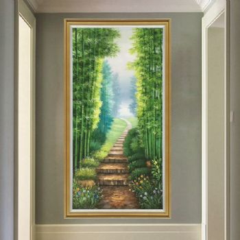 手绘油画山水风景油画客厅玄关装饰画定制油画竖版家庭挂画酒店挂画