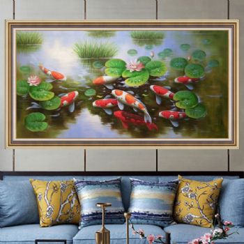 纯手绘手工 九鱼图 荷花 和谐 美满 团团圆圆 中式油画 家庭挂画