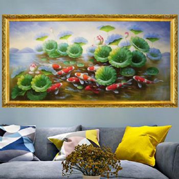 纯手绘手工 九鱼图 荷花 和谐 美满 团团圆圆 中式油画 家庭挂画