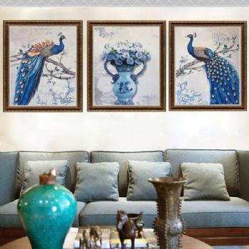 纯手绘手工 三联画 孔雀 富贵瓶 中式油画 家庭挂画 酒店挂画