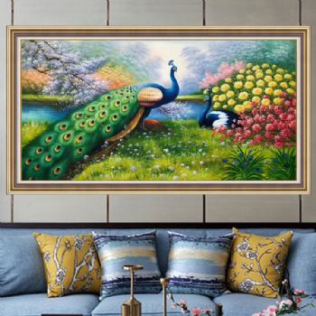 纯手绘手工 双孔雀 高贵 聪明 自由 中式油画 家庭挂画 酒店挂画