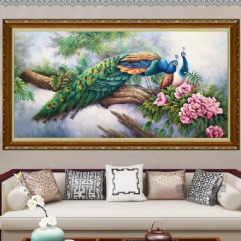 纯手绘手工 双孔雀 高贵 聪明 自由 中式油画 家庭挂画 酒店挂画