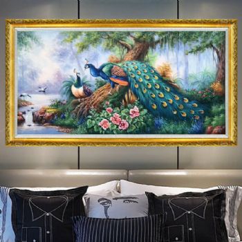 纯手绘手工 双孔雀 高贵 聪明 自由 中式油画 家庭挂画 酒店挂画