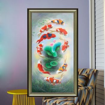 纯手绘手工 九鱼图 荷花 和谐 美满 中式油画 家庭挂画 酒店挂画