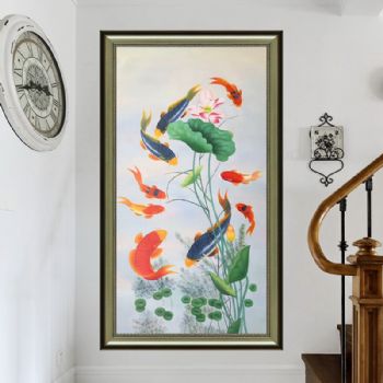 纯手绘手工 九鱼图 荷花 和谐 美满 中式油画 家庭挂画 酒店挂画
