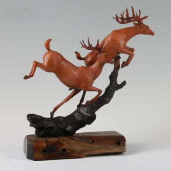 跳跃双鹿XLA4-17铜工艺品 铜雕塑 家居摆件 办公室软装 黄铜       船木3.2KG