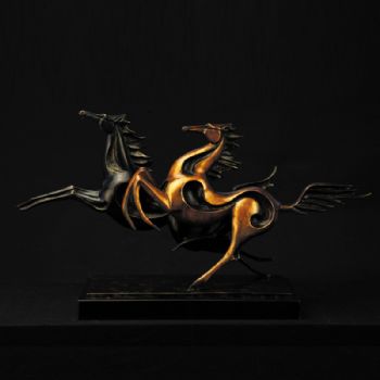 双马腾飞XL12-067铜工艺品 铜雕塑 家居摆件 办公室软装 黄铜  大理石