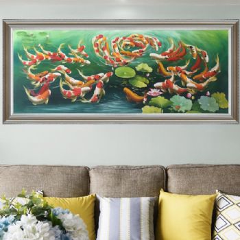 春-客厅油画九鱼图六六大顺六十六条鲤鱼现代家居中式油画纯手绘客厅挂画