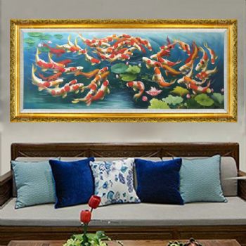 夏-客厅油画九鱼图六六大顺六十六条鲤鱼现代家居中式油画纯手绘客厅挂画