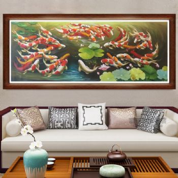 冬-客厅油画九鱼图六六大顺六十六条鲤鱼现代家居中式油画纯手绘客厅挂画