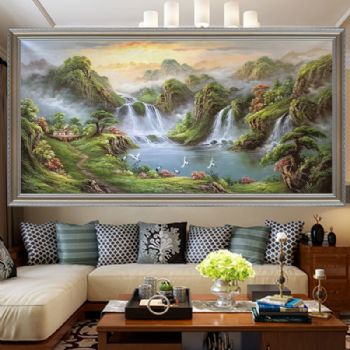 精品油画 山水风景画 中式风水油画 有人家 有白鹤 聚宝盘 纯手绘油画 实木外框