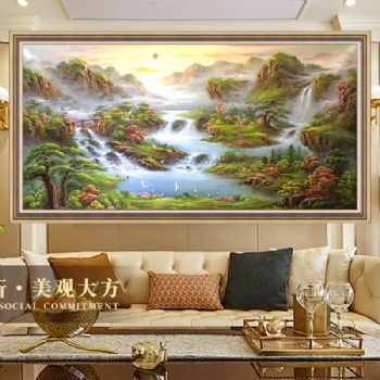 寓意丰富 客厅油画 山水风景画 中式风水油画 有人家小桥流水 有白鹤 聚宝盘 纯手绘油画 实木外框