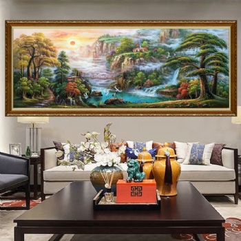 气势磅礴风水油画中式风格纯手绘绘制聚宝盘油画实木外框