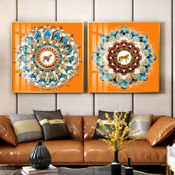 复古爱马仕客厅晶瓷画轻奢现代别墅样板房酒店沙发背景墙装饰挂画