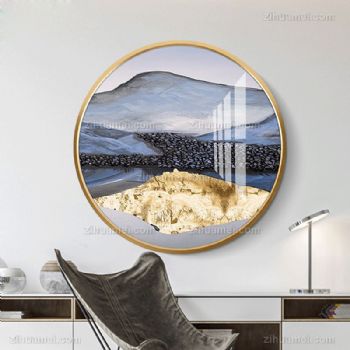 新中式客厅装饰画圆形现代简约轻奢走廊玄关餐厅挂画晶瓷画抽象山