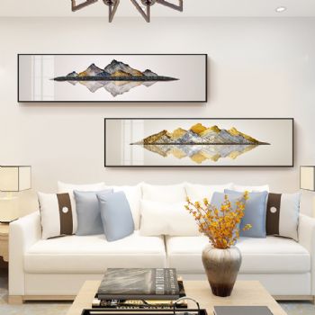 新中式床头山水风景挂画后现代客厅晶瓷画办公室背景墙靠山装饰画