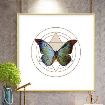 蓝色蝴蝶高档轻奢晶瓷画装饰画铝合金框现代简约客厅样板房抽象玄关走廊挂画