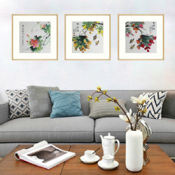 画家李林三尺斗方花鸟画百分百手绘适合客厅餐厅挂画实木框三联画