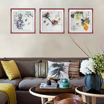 花鸟画青年实力画家李林斗方花鸟国画纯手绘水墨国画适合客厅书房大堂挂画实木框三联画