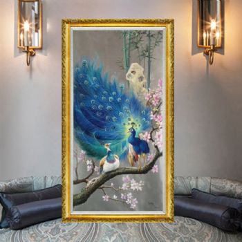 粉红兰花孔雀立枝头中式油画玄关竖版油画美式客厅装饰画壁画手绘I油画孔雀挂画