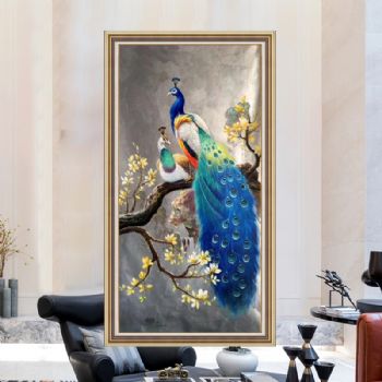 实力画家力作兰花孔雀立枝头中式油画玄关竖版油画美式客厅装饰画壁画手绘I油画