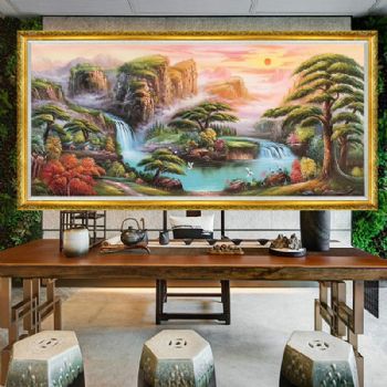 中式油画 风水油画 青松 木屋喻人丁兴旺 聚宝盆财富  白鹤象征长寿 一幅有深刻意义的优秀作品