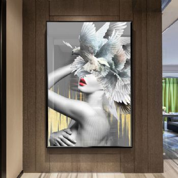 轻奢大气晶瓷画简约美女入门玄关羽毛装饰画北欧客厅走廊挂画人物