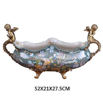 绘花草图案装饰果盘欧式美式古典风格陶瓷配铜纯铜摆件
