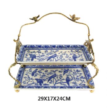 新中式双层提篮工艺品陶瓷配铜摆件欧式美式古典风格