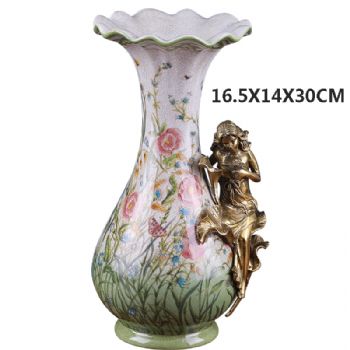 陶瓷配铜摆件铜女孩花瓶欧式美式古典风格新中式工艺品