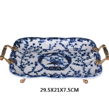 古典新中式托盘陶瓷配铜工艺品摆件