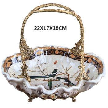 陶瓷配铜彩绘提篮铜摆件新中式工艺品纯铜装饰