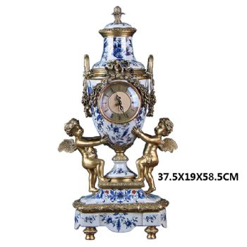 钟摆件工艺品欧式美式古典风格陶瓷配铜彩绘花草图