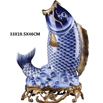 新中式锦鱼瓷瓶摆件陶瓷配铜工艺品摆件酒柜装饰品客厅玄关