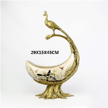 陶瓷配铜摆件孔雀盆新中式工艺品纯铜装