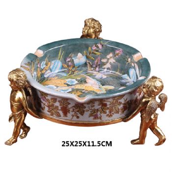 天使烟灰缸纯铜装饰欧式美式古典风格陶瓷配铜