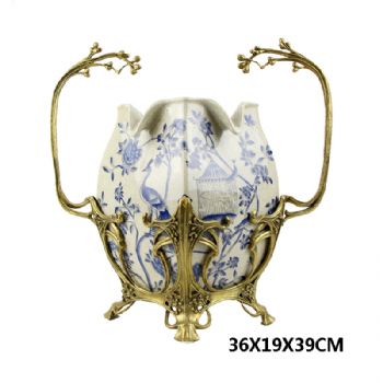 彩绘花草图案花插瓶陶瓷配铜纯铜镂空装饰花瓶花插摆件