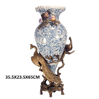 纯铜装饰花瓶花插摆件孔雀花插陶瓷配铜彩绘花草图案