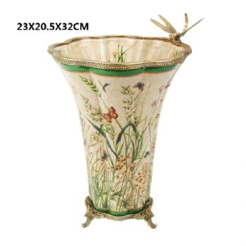 装饰花插古典风格陶瓷配铜彩绘花草图案纯铜镂空装饰花瓶花插摆件