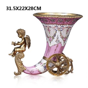 欧式美式古典风格装饰牛角瓶花插陶瓷配铜摆件
