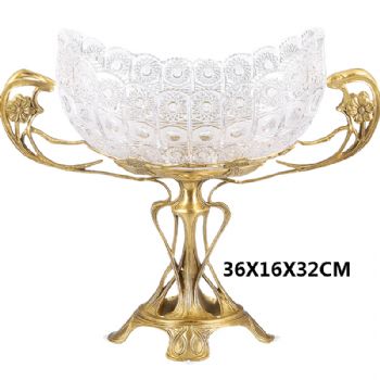 水晶果盘软装桌面摆件搭配新欧式创意工艺 纯铜底座家居托盘